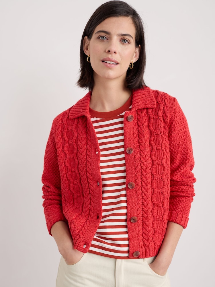 Seasalt Cornwall Red Forest Ridge Cable Knit Collared 100% Cotton Cardigan - Image 2 of 3