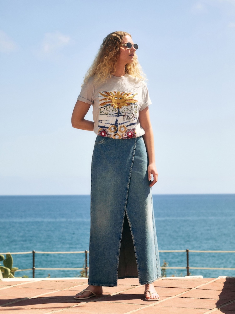 Mid Blue Wrap Maxi Denim Skirt - Image 2 of 7