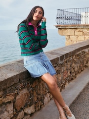 Mid Blue Denim Pleated Denim Mini Skirt - Image 1 of 7