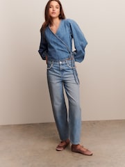 Azul médio - Blusa jeans envolvente com amarração frontal - Imagem 1 de 6