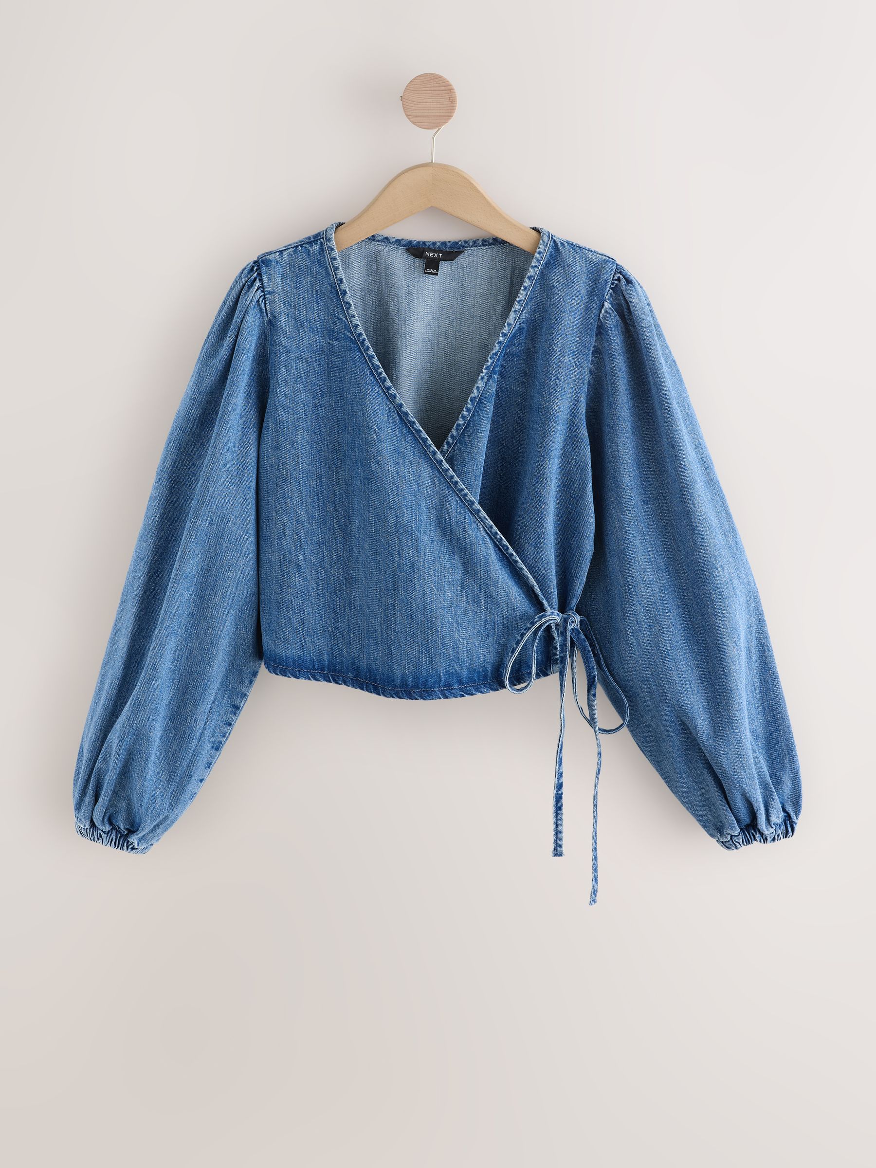 Buy Mid Blue Tie Front Wrap Denim Blouse from Next USA