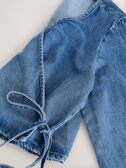Azul médio - Blusa jeans envolvente com amarração frontal - Imagem 6 de 6
