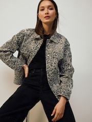 Leopard Oversized Relaxed Fit Denim Trucker Jacket - Image 1 of 8