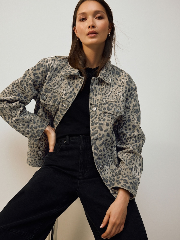 Leopard Oversized Relaxed Fit Denim Trucker Jacket - Image 1 of 8