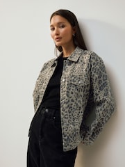 Leopard Oversized Relaxed Fit Denim Trucker Jacket - Image 3 of 8