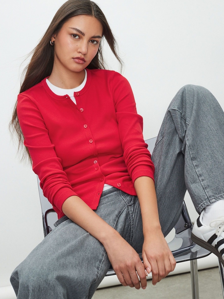 Red Henley Button Through Long Sleeve Ribbed T-Shirt - Image 1 of 7