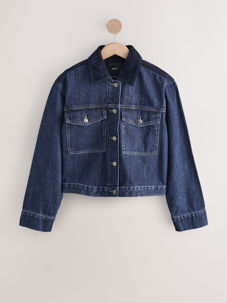 Dark Blue Cord Collar Denim Jacket - Image 1 of 4