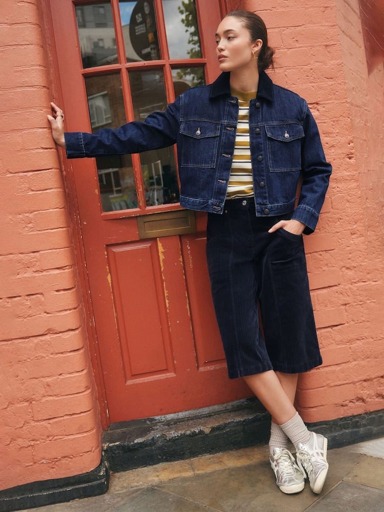 Dark Blue Cord Collar Denim Jacket - Image 1 of 9 Dark Blue Cord Collar Denim Jacket - Image 1 of 9