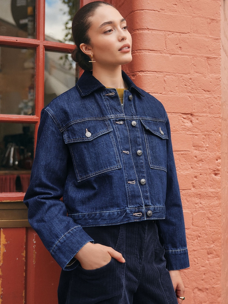 Dark Blue Cord Collar Denim Jacket - Image 2 of 9 Dark Blue Cord Collar Denim Jacket - Image 2 of 9