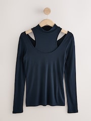 Navy Layered Semi Sheer High Neck Ribbed Long Sleeve Top - Image 1 of 3