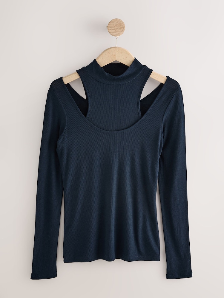Navy Layered Semi Sheer High Neck Ribbed Long Sleeve Top - Image 1 of 3