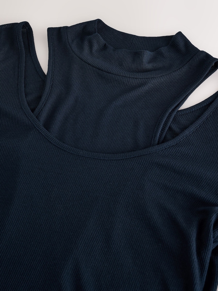 Navy Layered Semi Sheer High Neck Ribbed Long Sleeve Top - Image 2 of 3