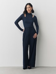 Navy Layered Semi Sheer High Neck Ribbed Long Sleeve Top - Image 4 of 8