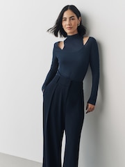 Navy Layered Semi Sheer High Neck Ribbed Long Sleeve Top - Image 5 of 8