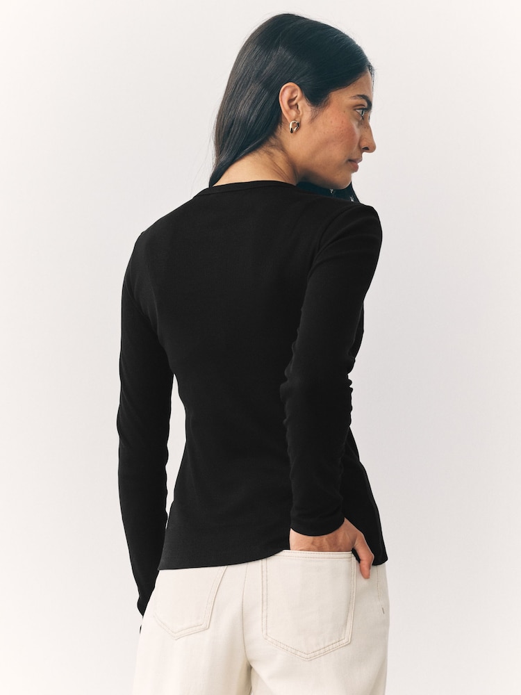 Preto - Henley Button Through Long Sleeve Ribbed T-Shirt - Imagem 2 de 7