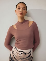 Mocha Brown Layered Semi Sheer High Neck Ribbed Long Sleeve Top - Image 2 of 7