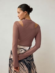 Mocha Brown Layered Semi Sheer High Neck Ribbed Long Sleeve Top - Image 3 of 7