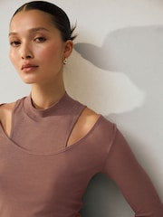 Mocha Brown Layered Semi Sheer High Neck Ribbed Long Sleeve Top - Image 4 of 7