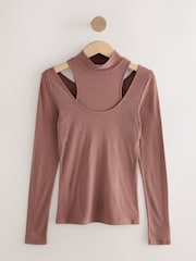 Mocha Brown Layered Semi Sheer High Neck Ribbed Long Sleeve Top - Image 5 of 7