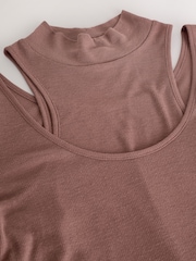 Mocha Brown Layered Semi Sheer High Neck Ribbed Long Sleeve Top - Image 6 of 7