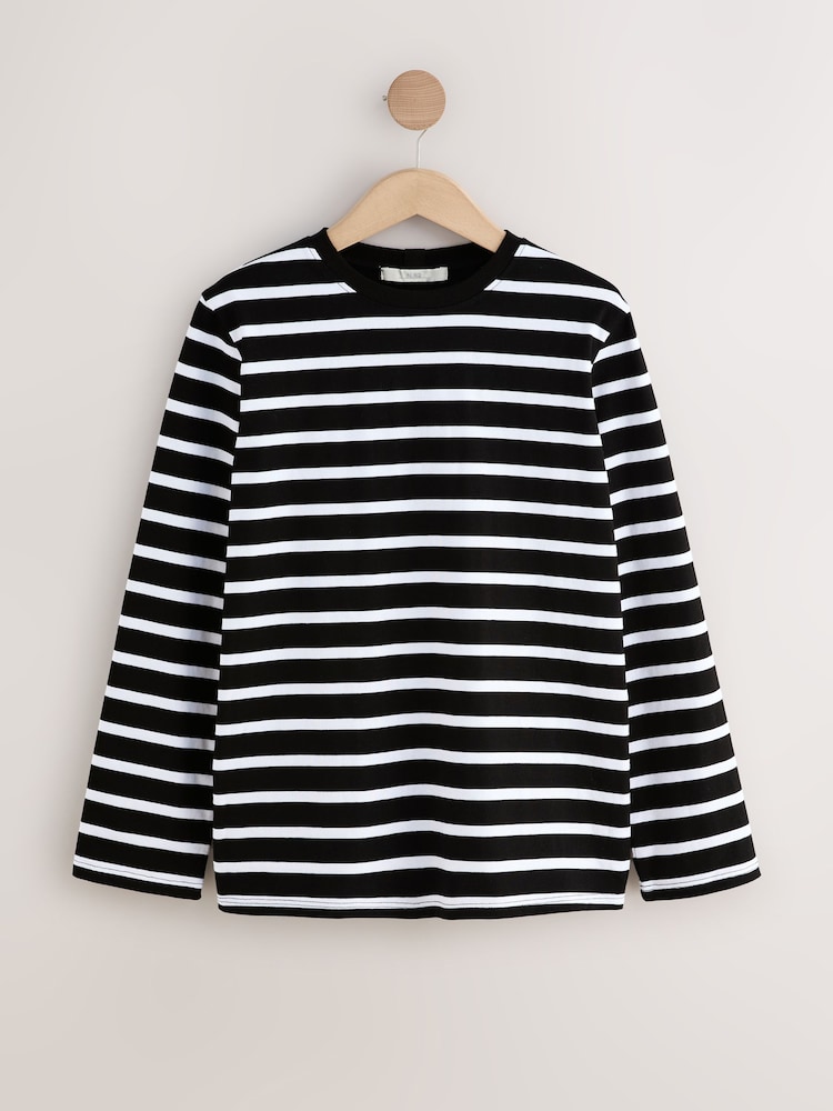 Buy Black/White Striped Long Sleeve Heavyweight Crew Neck T-Shirt