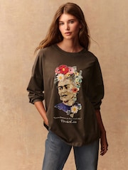 Charcoal Grey Frida Kahlo Graphic Long Sleeve T-Shirt - Image 1 of 8