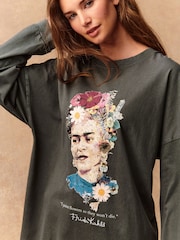 Charcoal Grey Frida Kahlo Graphic Long Sleeve T-Shirt - Image 4 of 8
