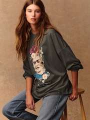 Charcoal Grey Frida Kahlo Graphic Long Sleeve T-Shirt - Image 5 of 8