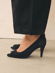 Black Forever Comfort® Premium Leather Peep Toe Heels - Image 2 of 10