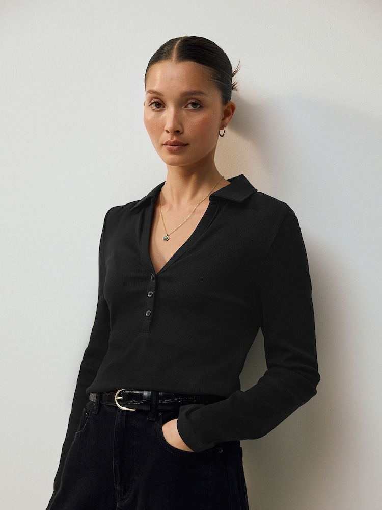 Black Henley Long Sleeve Button Down Top - Image 1 of 7