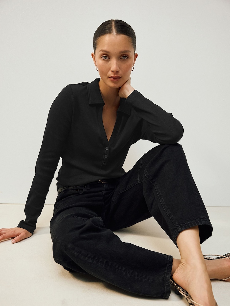 Black Henley Long Sleeve Button Down Top - Image 2 of 7