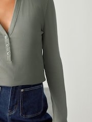 Sage Green Henley Long Sleeve Button Down Top - Image 4 of 7