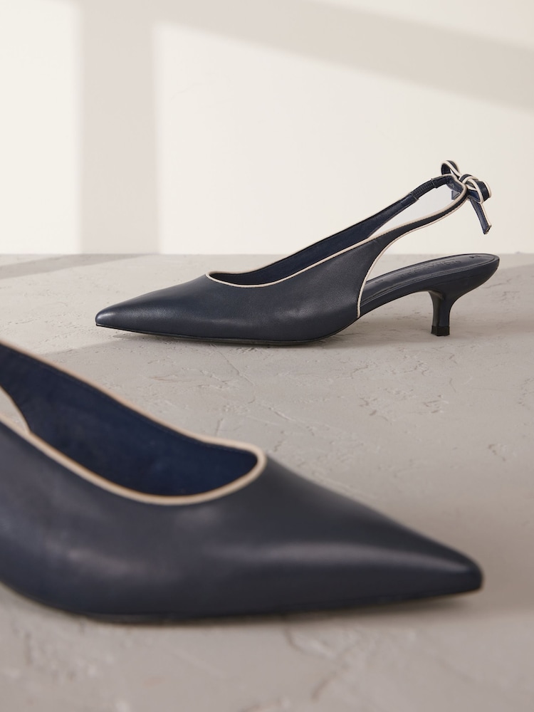 Navy Forever Comfort® Premium Leather Pointed Toe Bow Slingback Heels - Image 12 of 12