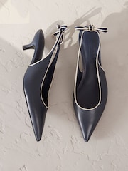 Navy Forever Comfort® Premium Leather Pointed Toe Bow Slingback Heels - Image 7 of 12