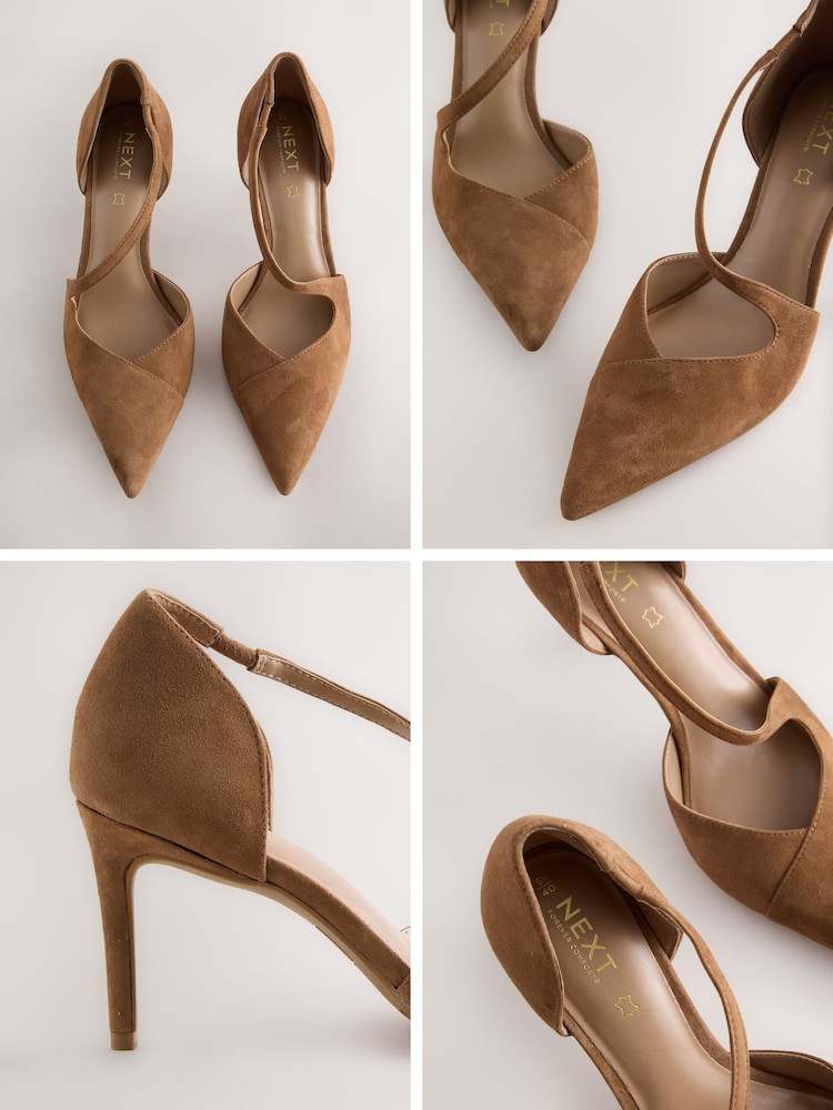 Buy Tan Brown Suede Premium Leather Asymmetric Court Heels from - Main Image