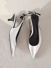 Silver Forever Comfort® Premium Leather Pointed Toe Bow Slingback Heels - Image 1 of 6