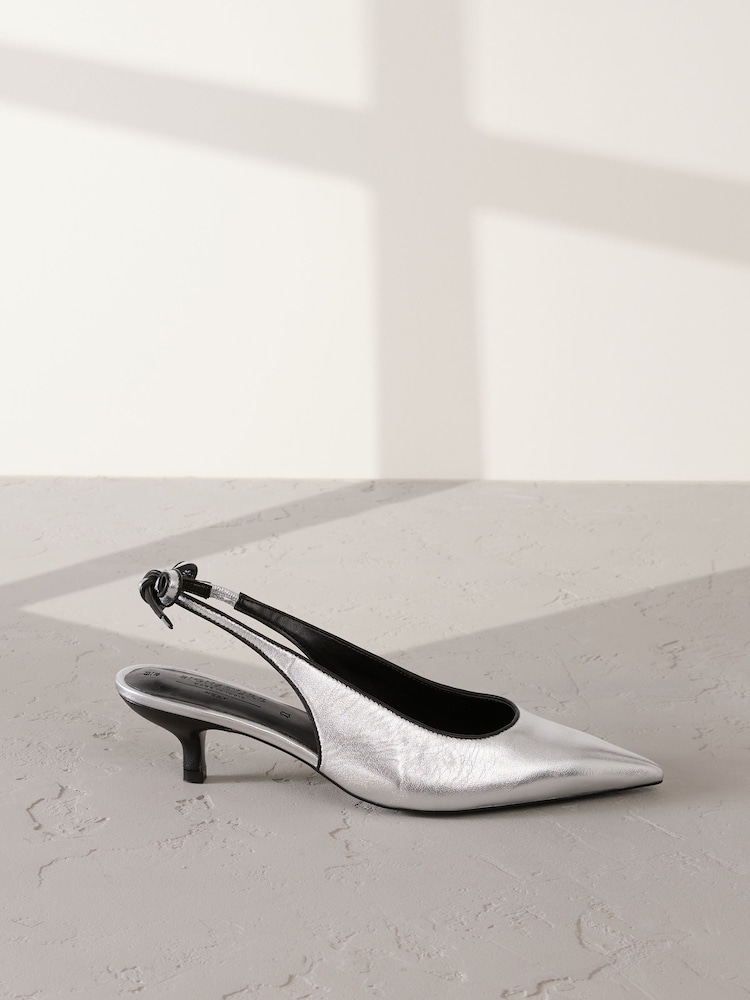 Silver Forever Comfort® Premium Leather Pointed Toe Bow Slingback Heels - Image 1 of 6 Silver Forever Comfort® Premium Leather Pointed Toe Bow Slingback Heels - Image 1 of 6