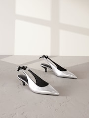 Silver Forever Comfort® Premium Leather Pointed Toe Bow Slingback Heels - Image 2 of 6