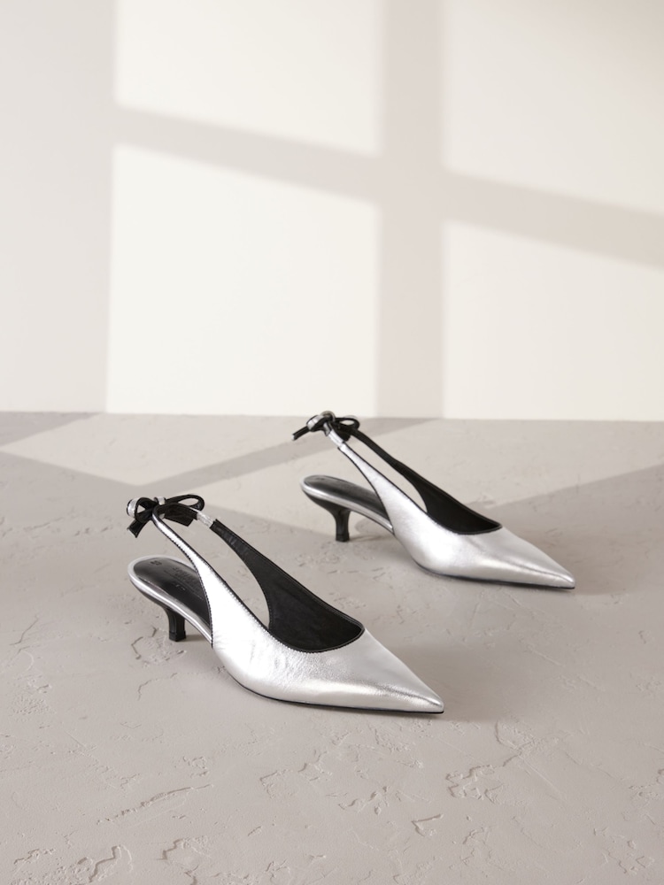 Silver Forever Comfort® Premium Leather Pointed Toe Bow Slingback Heels - Image 2 of 6