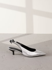 Silver Forever Comfort® Premium Leather Pointed Toe Bow Slingback Heels - Image 3 of 6