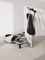 Silver Forever Comfort® Premium Leather Pointed Toe Bow Slingback Heels - Image 4 of 6