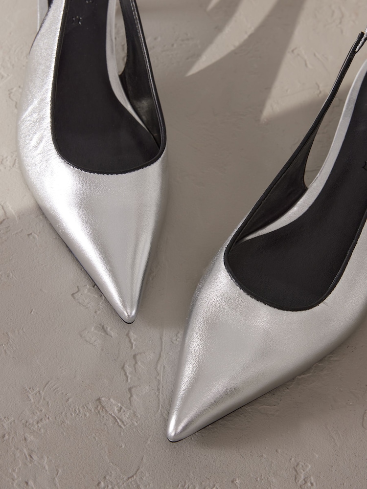 Silver Forever Comfort® Premium Leather Pointed Toe Bow Slingback Heels - Image 6 of 6