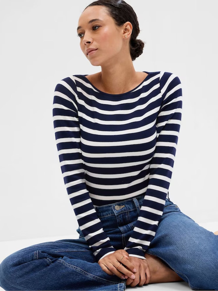 Gap Black Stripe Long Sleeve Boat Neck Top - Image 1 of 2