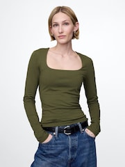 Gap Khaki Green Square Neck Long Sleeve Top - Image 1 of 5