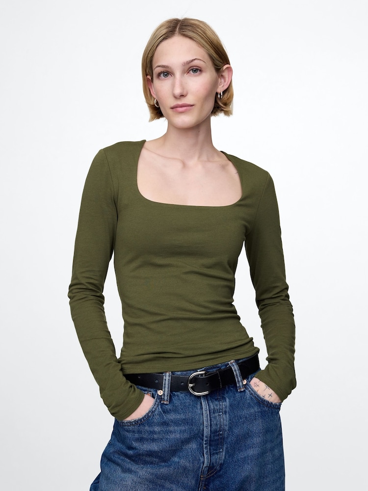 Gap Khaki Green Square Neck Long Sleeve Top - Image 1 of 5
