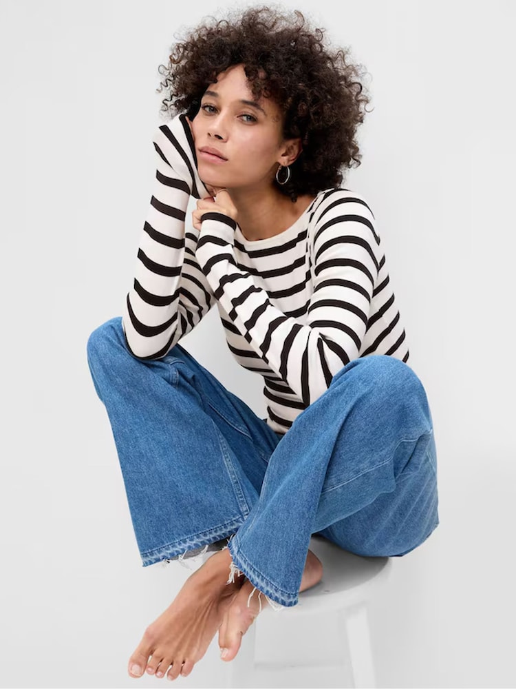 Gap White Stripe Long Sleeve Boat Neck Top - Image 1 of 2