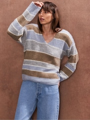 Ro&Zo Brown Neutral Stripe V-Neck Jumper - Image 1 of 3