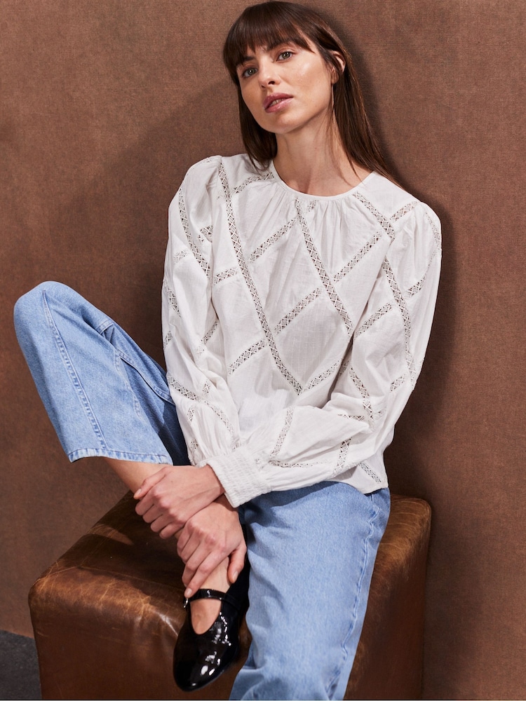 Ro&Zo White Diamond Lace Trim 100% Cotton Blouse - Image 1 of 4