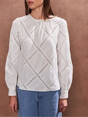 Ro&Zo White Diamond Lace Trim 100% Cotton Blouse - Image 3 of 4