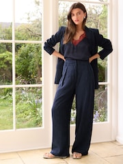 Navy Satin Jacquard Wide Leg Trousers - Image 1 of 7